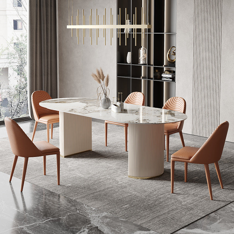 Oval Shape Fixed Kitchen Table Luxury Sintered Stone Double Pedestal Table Gray 55.1"L x 31.5"W x 29.5"H Without Chairs Clearhalo 'Dining Tables & Seating' 'Dining Tables' 'dining_table' 'furn' 'furn_dining_table' 'Furniture' 'Kitchen & Dining Furniture' 6175612