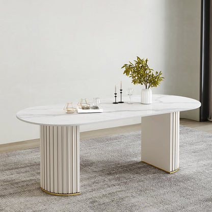 豪華な焼結ストーンダイニングデスクオーバルシェイプダブルベースキッチンテーブル