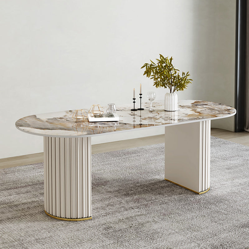 豪華な焼結ストーンダイニングデスクオーバルシェイプダブルベースキッチンテーブル