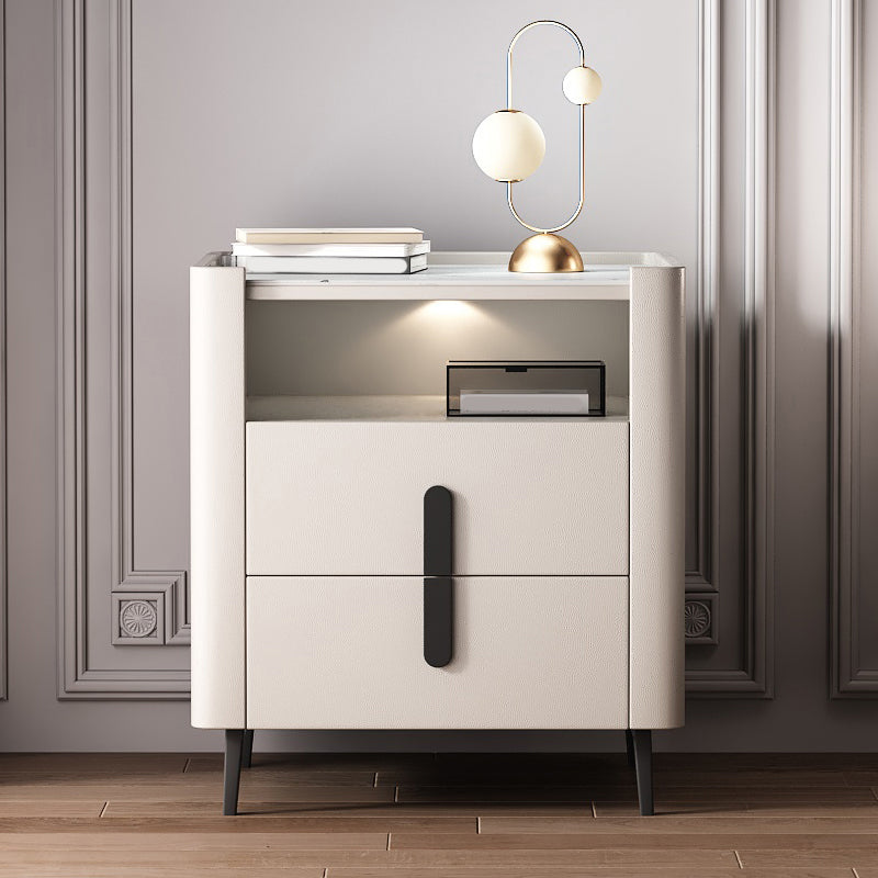 2-drawer Nightstand 21.65" Tall Charging Station Bedside Cabinet 20"L x 18"W x 22"H Off-White 1 Piece Clearhalo 'Bedroom Furniture' 'furn' 'furn_night_stand' 'Furniture' 'night_stand' 'Nightstands' 6182712