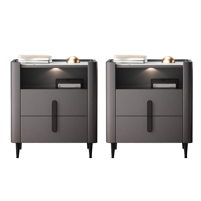 2-drawer Nightstand 21.65" Tall Charging Station Bedside Cabinet 20"L x 18"W x 22"H Dark Gray 2 Piece Set Clearhalo 'Bedroom Furniture' 'furn' 'furn_night_stand' 'Furniture' 'night_stand' 'Nightstands' 6182722