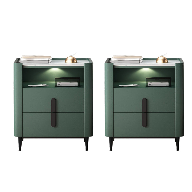 2-drawer Nightstand 21.65" Tall Charging Station Bedside Cabinet 20"L x 18"W x 22"H Blackish Green 2 Piece Set Clearhalo 'Bedroom Furniture' 'furn' 'furn_night_stand' 'Furniture' 'night_stand' 'Nightstands' 6182727