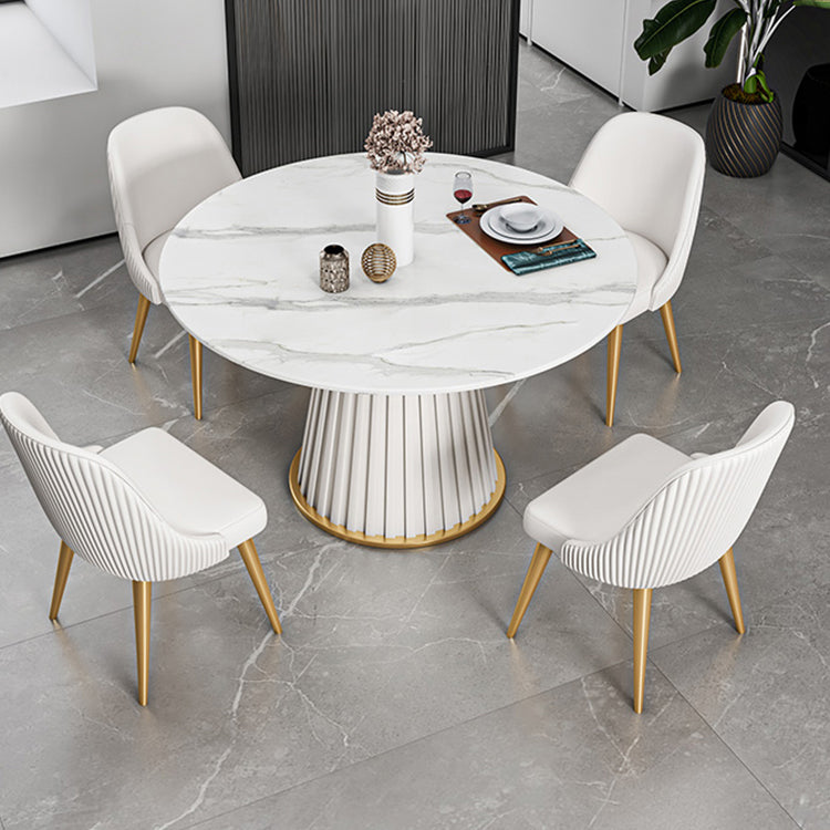 焼結石ダイニングテーブルセット1/3/5/7ピースラウンドダイニングテーブルフェイクレザーチェア