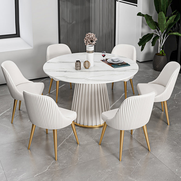 焼結石ダイニングテーブルセット1/3/5/7ピースラウンドダイニングテーブルフェイクレザーチェア