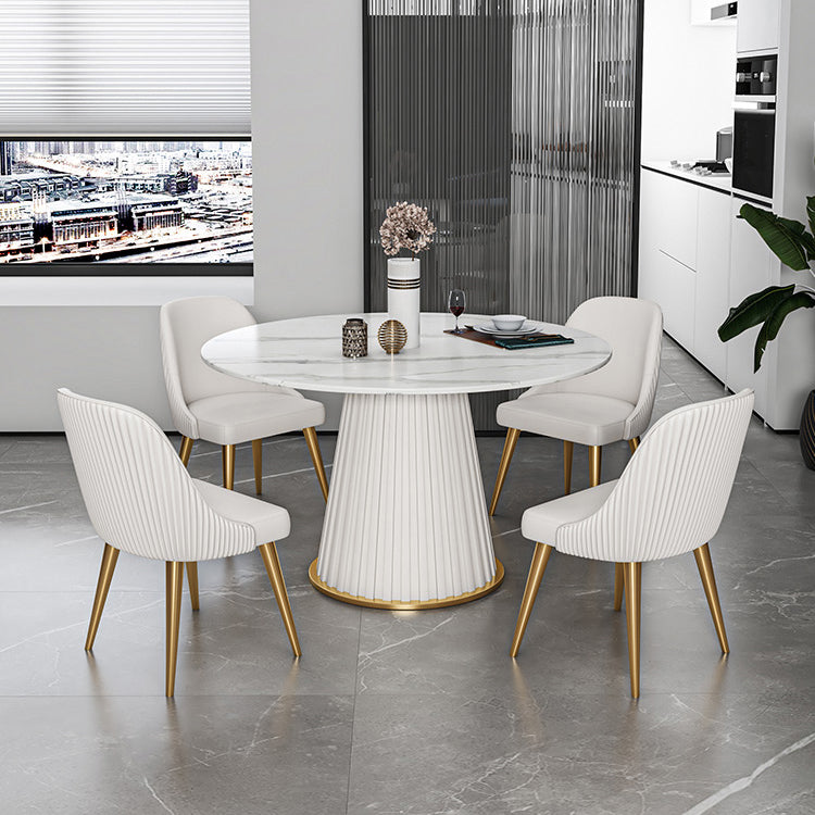 焼結石ダイニングテーブルセット1/3/5/7ピースラウンドダイニングテーブルフェイクレザーチェア