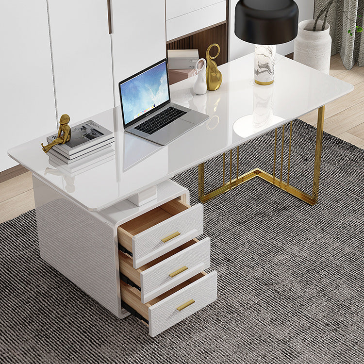 Modern Glass Office Working Table Rectangle Writing Desk with Drawers 55.1"L x 27.6"W x 29.5"H White Clearhalo 'furn' 'furn_office_desk' 'Furniture' 'Office Desks' 'Office Furniture' 'office_desk' 6184406