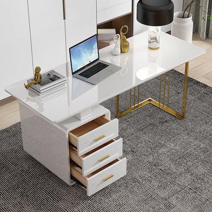 Modern Glass Office Working Table Rectangle Writing Desk with Drawers 55.1"L x 27.6"W x 29.5"H White Clearhalo 'furn' 'furn_office_desk' 'Furniture' 'Office Desks' 'Office Furniture' 'office_desk' 6184406