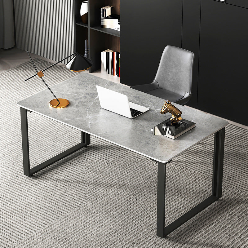 Pewter Rectangular Office Desk Stone and Metal Writing Desk Sled 63"L x 31.5"W x 29.5"H Clearhalo 'furn' 'furn_office_desk' 'Furniture' 'Office Desks' 'Office Furniture' 'office_desk' 6184486