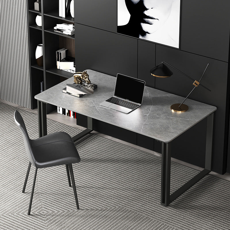 Pewter Rectangular Office Desk Stone and Metal Writing Desk Sled 55.1"L x 31.5"W x 29.5"H Clearhalo 'furn' 'furn_office_desk' 'Furniture' 'Office Desks' 'Office Furniture' 'office_desk' 6184487