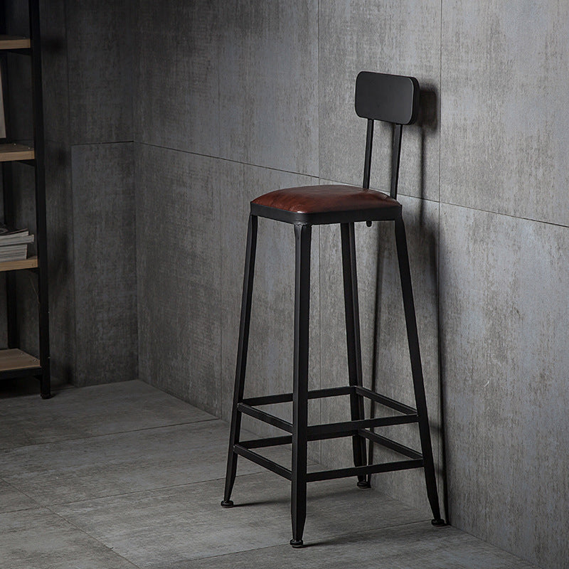 Industrial Brown Counter Stool Leather Square Stool with Black Metal Frame With Back 1 Piece Bar Stool(31"H) Clearhalo 'Bar Furniture' 'Bar Stools' 'bar_stools' 'furn' 'furn_bar_stools' 'Furniture' 'Kitchen & Dining Furniture' 6184543