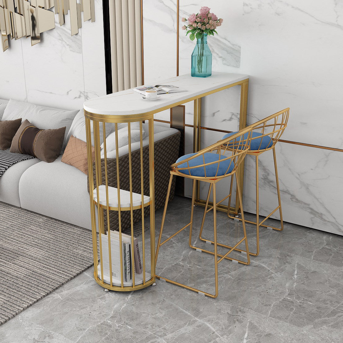 1/3 Pieces Oval Bar Stool and Table Set Glam Table and Stool Set 3 Pieces: Table, 2 Blue Stools Clearhalo 'Bar Furniture' 'furn' 'furn_home_bar_bar_sets' 'Furniture' 'Home Bars & Bar Sets' 'home_bar_bar_sets' 'Kitchen & Dining Furniture' 6188073