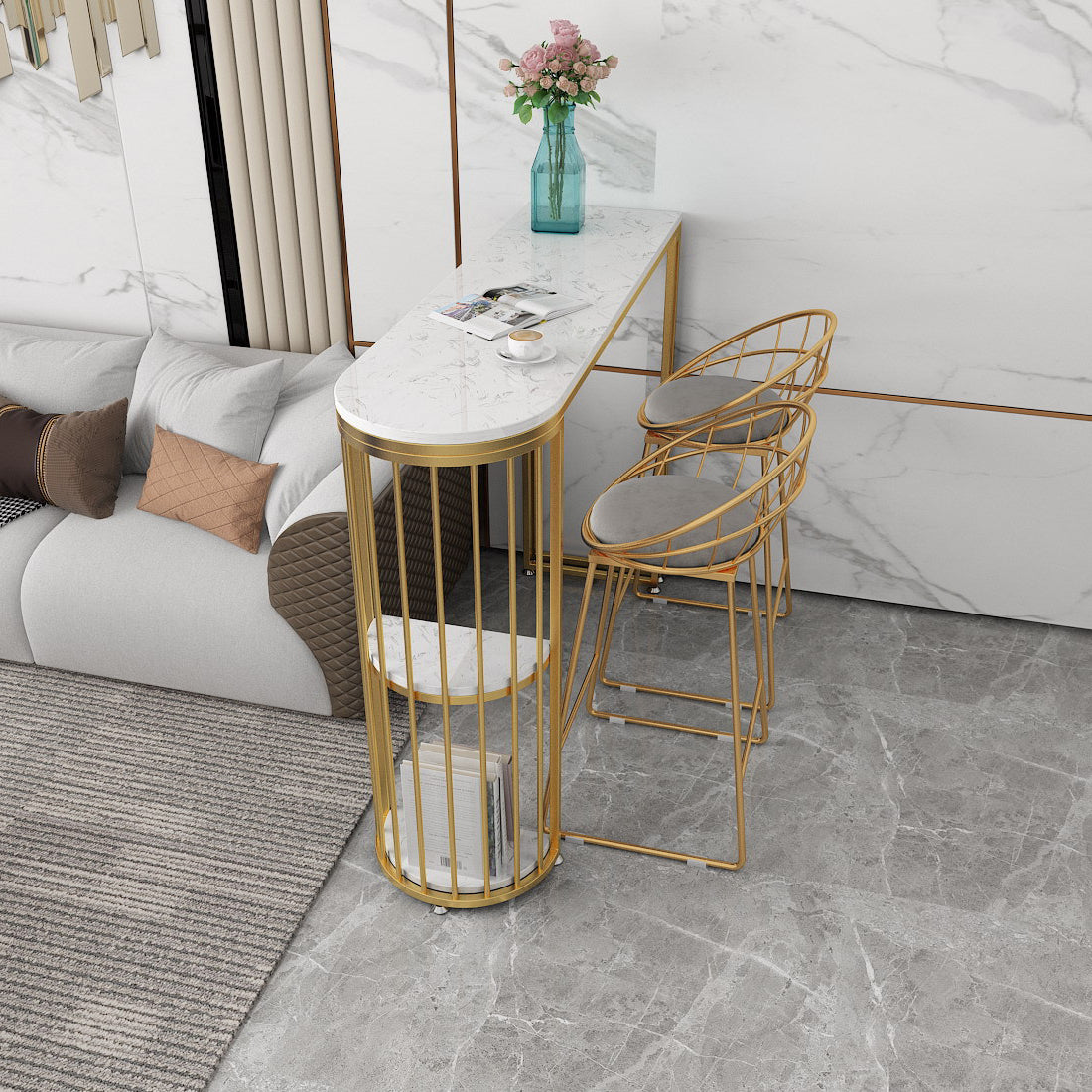 1/3 Pieces Oval Bar Stool and Table Set Glam Table and Stool Set 3 Pieces: Table, 2 Gray Stools Clearhalo 'Bar Furniture' 'furn' 'furn_home_bar_bar_sets' 'Furniture' 'Home Bars & Bar Sets' 'home_bar_bar_sets' 'Kitchen & Dining Furniture' 6188078