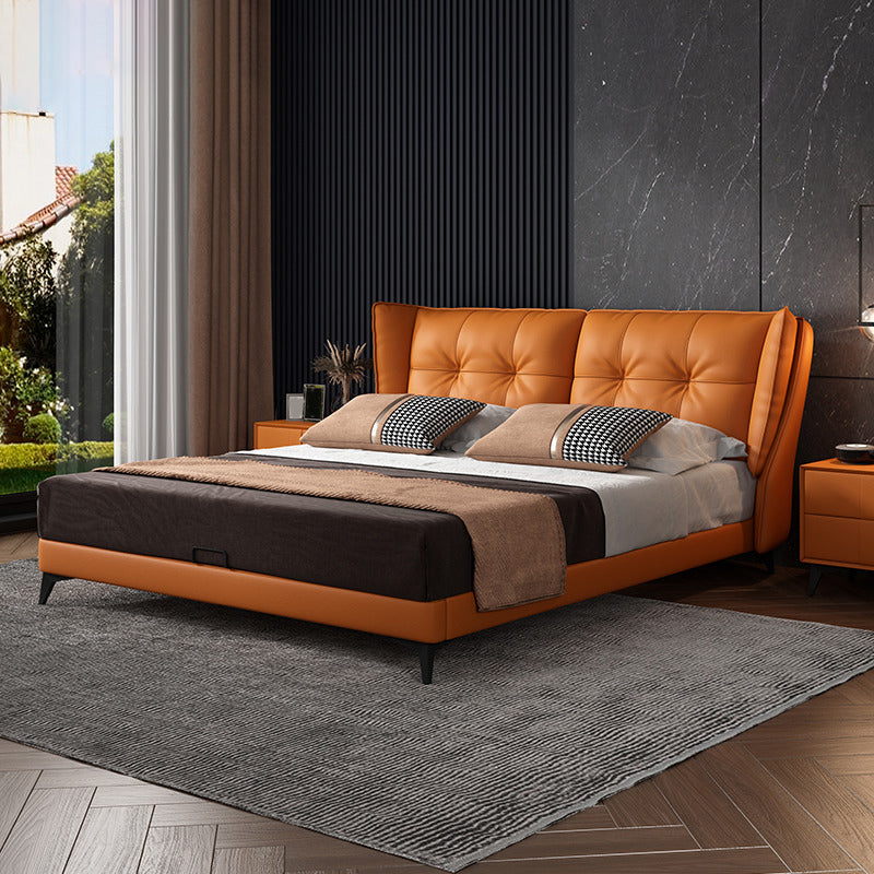 Modern Standard Bed Orange Panel Bed with Upholstered Headboard
