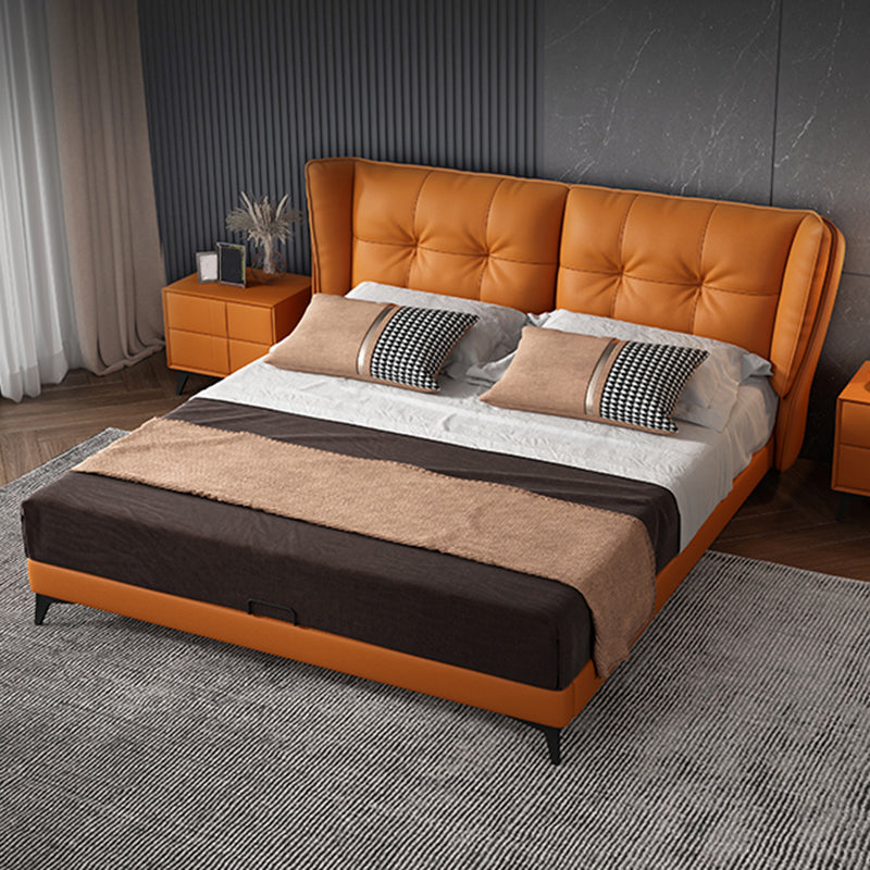 Modern Standard Bed Orange Panel Bed with Upholstered Headboard