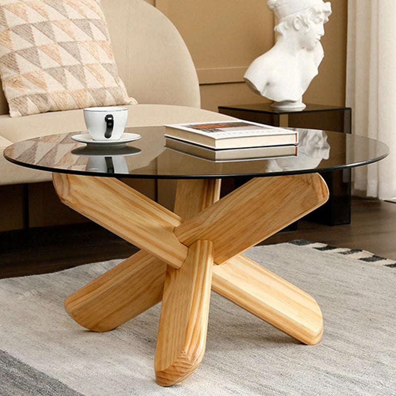 Round 1 Single Coffee Table Tempered Glass Top 3 Legs Wood Cocktail Table Clearhalo 'Coffee & Accent Tables' 'Coffee Tables' 'coffee_tables' 'furn' 'furn_coffee_tables' 'Furniture' 'Living Room Furniture' 6189747