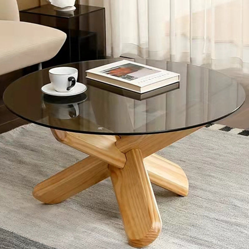Round 1 Single Coffee Table Tempered Glass Top 3 Legs Wood Cocktail Table Natural Gray Clearhalo 'Coffee & Accent Tables' 'Coffee Tables' 'coffee_tables' 'furn' 'furn_coffee_tables' 'Furniture' 'Living Room Furniture' 6189749