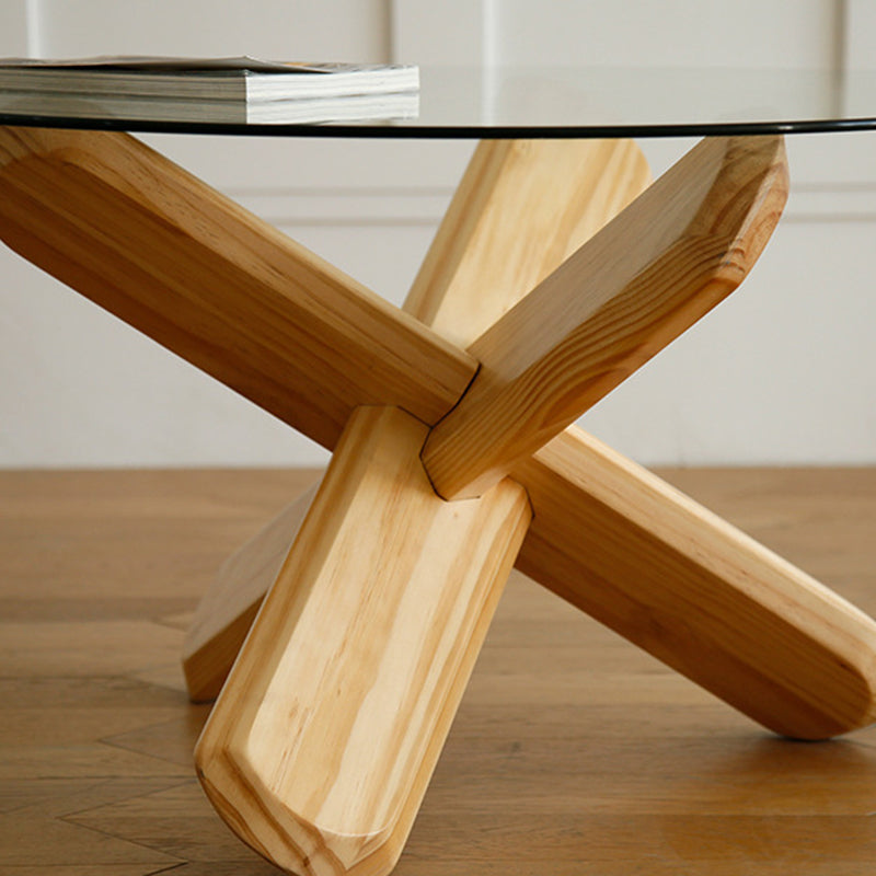 Round 1 Single Coffee Table Tempered Glass Top 3 Legs Wood Cocktail Table Clearhalo 'Coffee & Accent Tables' 'Coffee Tables' 'coffee_tables' 'furn' 'furn_coffee_tables' 'Furniture' 'Living Room Furniture' 6189753