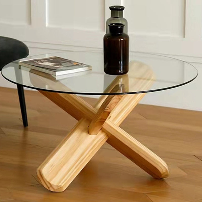 Round 1 Single Coffee Table Tempered Glass Top 3 Legs Wood Cocktail Table Natural Clear Clearhalo 'Coffee & Accent Tables' 'Coffee Tables' 'coffee_tables' 'furn' 'furn_coffee_tables' 'Furniture' 'Living Room Furniture' 6189759