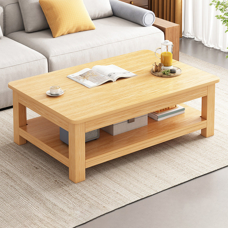 Modern 17.7" H Brown/ Natural Rectangle Wooden 4 Legs Coffee Table with Shelf