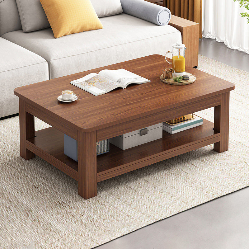 Modern 17.7" H Brown/ Natural Rectangle Wooden 4 Legs Coffee Table with Shelf