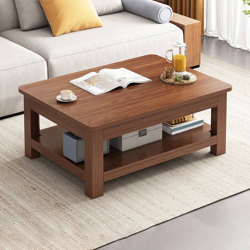 Modern 17.7" H Brown/ Natural Rectangle Wooden 4 Legs Coffee Table with Shelf