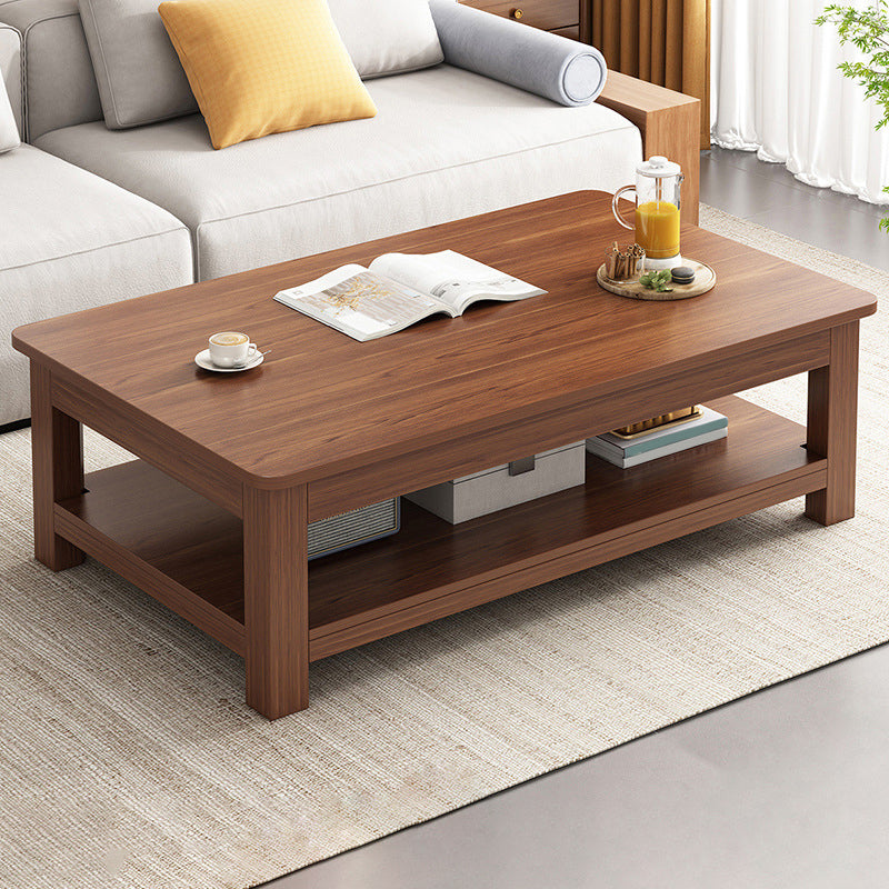 Modern 17.7" H Brown/ Natural Rectangle Wooden 4 Legs Coffee Table with Shelf