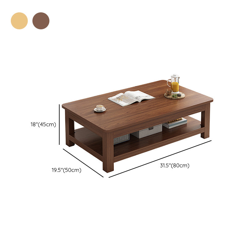 Modern 17.7" H Brown/ Natural Rectangle Wooden 4 Legs Coffee Table with Shelf