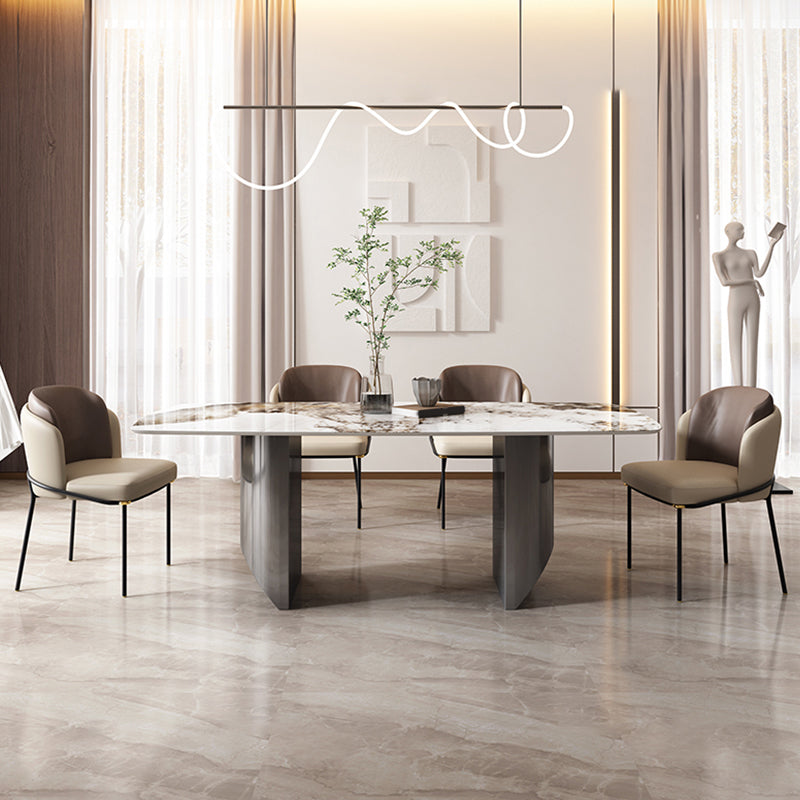 Juego de comedor de piedra sinterizada, mesa rectangular moderna y sillas tapizadas