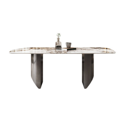 Juego de comedor de piedra sinterizada, mesa rectangular moderna y sillas tapizadas