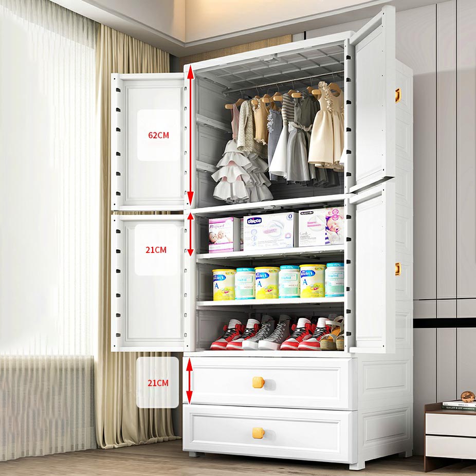 Armata di plastica bianca, guardaroba a 2 porte con 2-cassetti e canna da abbigliamento