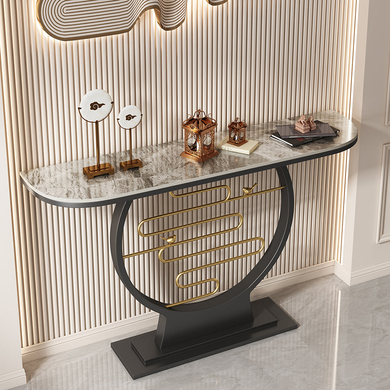 31.5" Tall Stone Console Accent Table Half Moon End Table with Shelf