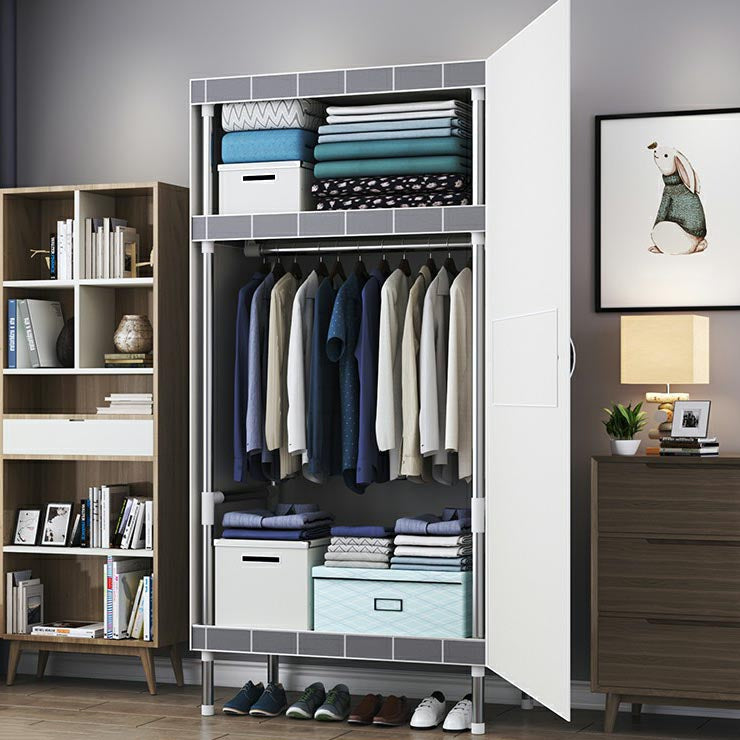 Cloth Cabinet Steel Pipe Wardrobe Cabinet, Modern 3-door Wardrobe Armoire 25.5"L x 69"W x 18"H Gray-White Plaid Clearhalo 'Armoires & Wardrobes' 'armoires_wardrobes' 'Bedroom Furniture' 'furn' 'furn_armoires_wardrobes' 'Furniture' 6200794