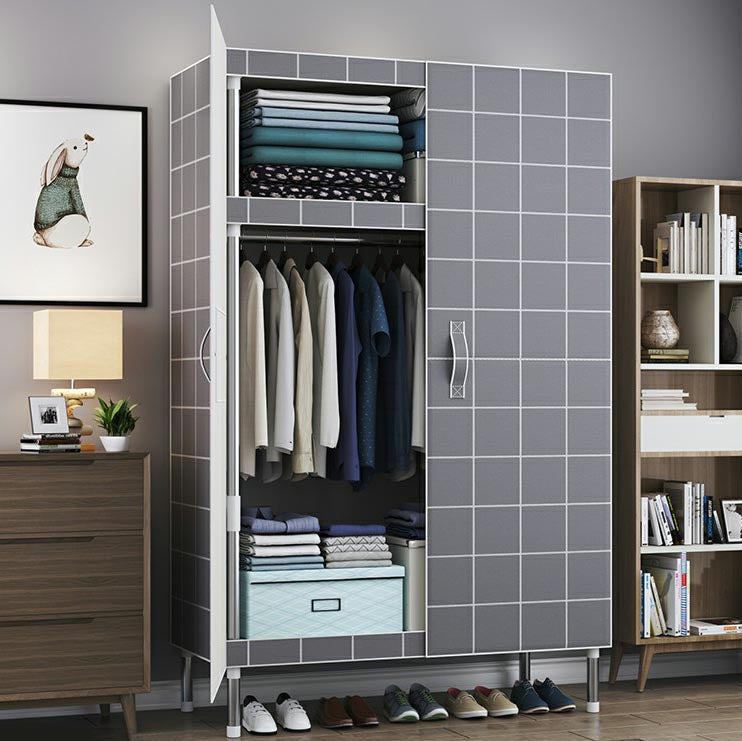 Cloth Cabinet Steel Pipe Wardrobe Cabinet, Modern 3-door Wardrobe Armoire 33"L x 69"W x 18"H Gray-White Plaid Clearhalo 'Armoires & Wardrobes' 'armoires_wardrobes' 'Bedroom Furniture' 'furn' 'furn_armoires_wardrobes' 'Furniture' 6200795