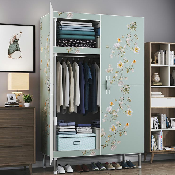 Cloth Cabinet Steel Pipe Wardrobe Cabinet, Modern 3-door Wardrobe Armoire 33"L x 69"W x 18"H Flower Clearhalo 'Armoires & Wardrobes' 'armoires_wardrobes' 'Bedroom Furniture' 'furn' 'furn_armoires_wardrobes' 'Furniture' 6200797