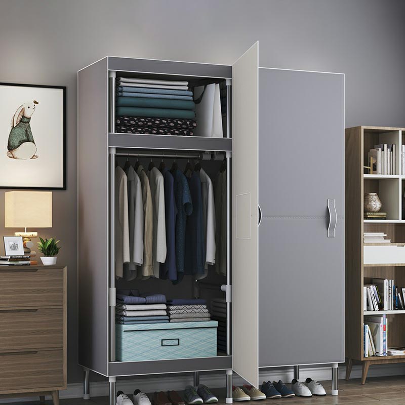 Cloth Cabinet Steel Pipe Wardrobe Cabinet, Modern 3-door Wardrobe Armoire 41"L x 69"W x 18"H Grey Clearhalo 'Armoires & Wardrobes' 'armoires_wardrobes' 'Bedroom Furniture' 'furn' 'furn_armoires_wardrobes' 'Furniture' 6200808