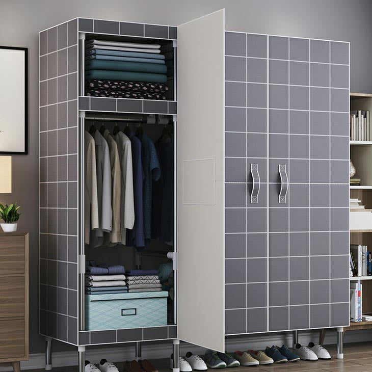 Cloth Cabinet Steel Pipe Wardrobe Cabinet, Modern 3-door Wardrobe Armoire 50"L x 69"W x 18"H Gray-White Plaid Clearhalo 'Armoires & Wardrobes' 'armoires_wardrobes' 'Bedroom Furniture' 'furn' 'furn_armoires_wardrobes' 'Furniture' 6200821