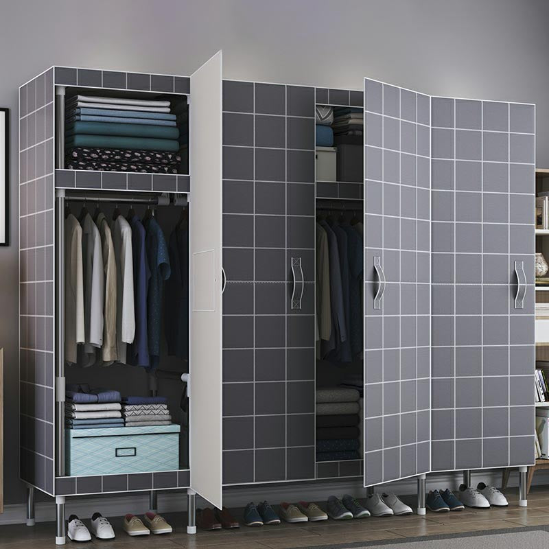 Cloth Cabinet Steel Pipe Wardrobe Cabinet, Modern 3-door Wardrobe Armoire 65"L x 69"W x 18"H Gray-White Plaid Clearhalo 'Armoires & Wardrobes' 'armoires_wardrobes' 'Bedroom Furniture' 'furn' 'furn_armoires_wardrobes' 'Furniture' 6200827
