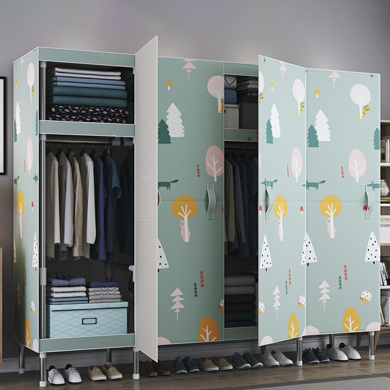 Cloth Cabinet Steel Pipe Wardrobe Cabinet, Modern 3-door Wardrobe Armoire 65"L x 69"W x 18"H Forest Clearhalo 'Armoires & Wardrobes' 'armoires_wardrobes' 'Bedroom Furniture' 'furn' 'furn_armoires_wardrobes' 'Furniture' 6200829