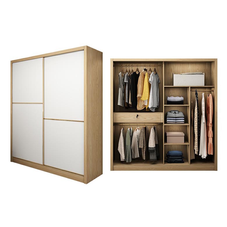 2 Door Clothes Rail Wardrobe Engineered Wood Industrial ArmoireLight Wood Finish