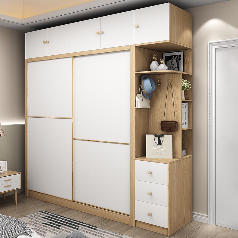 2 Door Clothes Rail Wardrobe Engineered Wood Industrial ArmoireLight Wood Finish