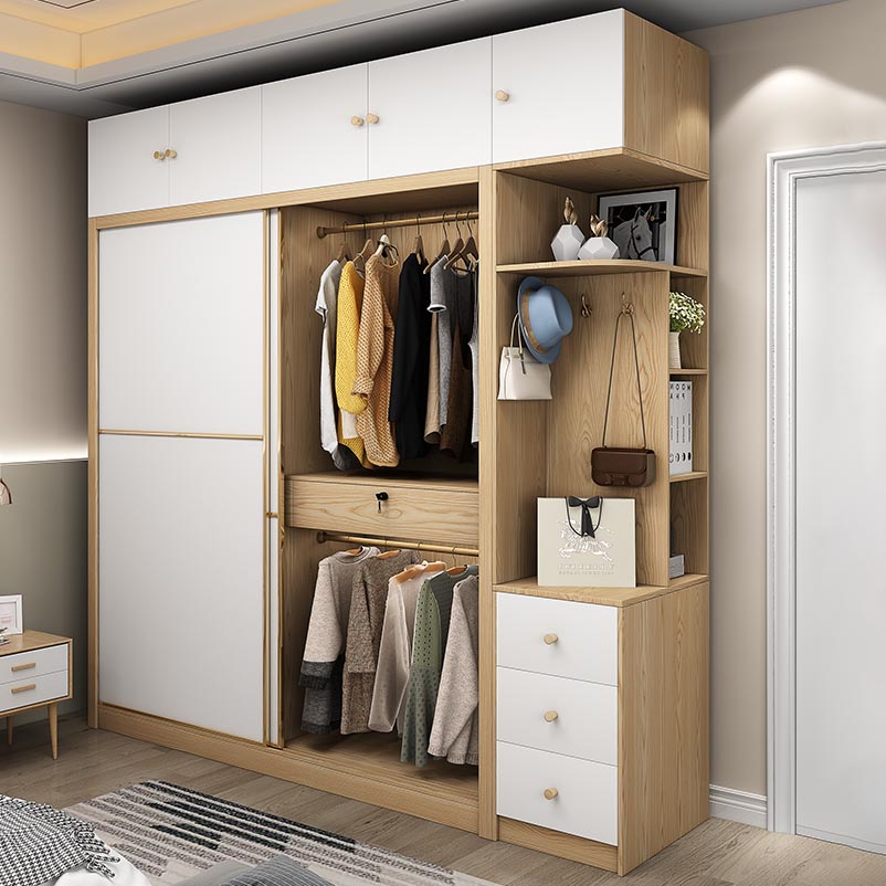 2 Door Clothes Rail Wardrobe Engineered Wood Industrial ArmoireLight Wood Finish