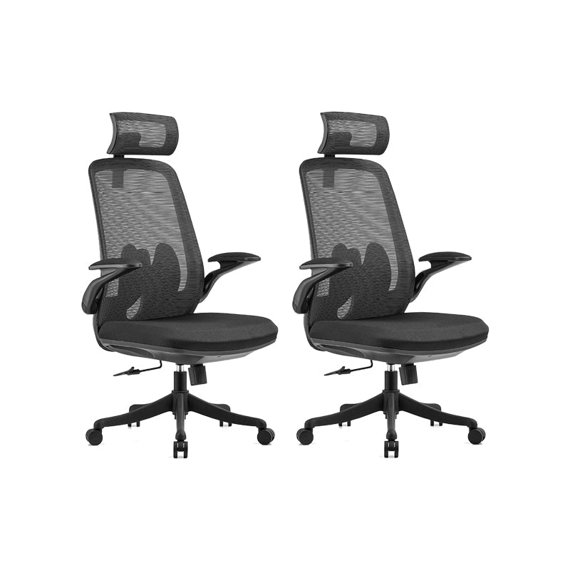 Flip-Up Armrest Chair Microfiber Desk High Back Chair Breathable Air Grid Lumbar Support Black 2 Piece Set With Headrest Clearhalo 'furn' 'furn_office_chair' 'Furniture' 'Office Chairs' 'Office Furniture' 'office_chair' 6201275