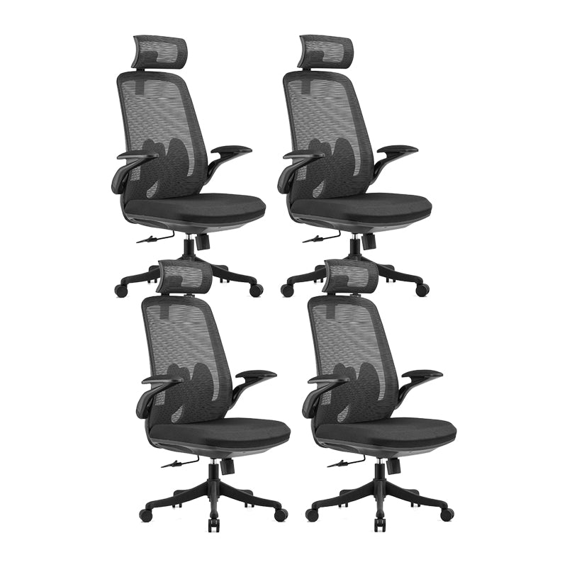 Flip-Up Armrest Chair Microfiber Desk High Back Chair Breathable Air Grid Lumbar Support Black 4 Piece Set With Headrest Clearhalo 'furn' 'furn_office_chair' 'Furniture' 'Office Chairs' 'Office Furniture' 'office_chair' 6201277