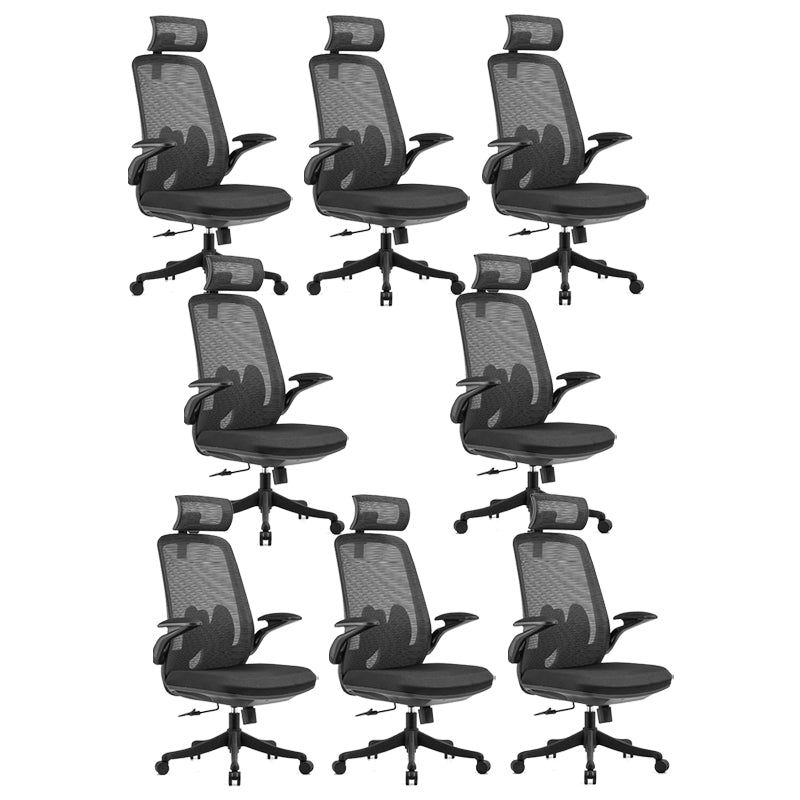 Flip-Up Armrest Chair Microfiber Desk High Back Chair Breathable Air Grid Lumbar Support Black 8 Piece Set With Headrest Clearhalo 'furn' 'furn_office_chair' 'Furniture' 'Office Chairs' 'Office Furniture' 'office_chair' 6201281