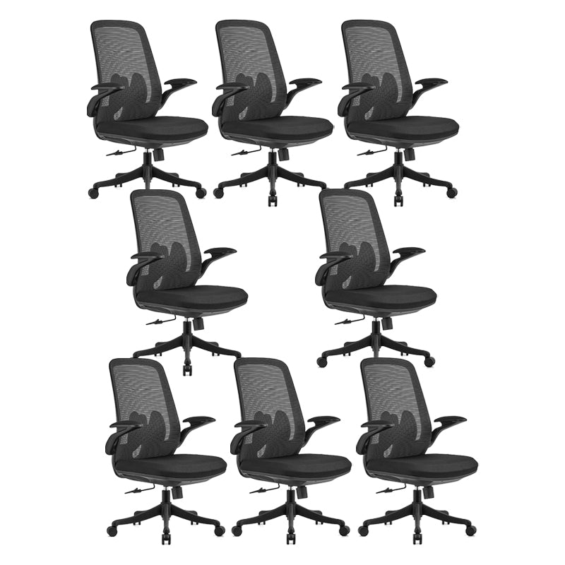 Flip-Up Armrest Chair Microfiber Desk High Back Chair Breathable Air Grid Lumbar Support Black 8 Piece Set Without Headrest Clearhalo 'furn' 'furn_office_chair' 'Furniture' 'Office Chairs' 'Office Furniture' 'office_chair' 6201289