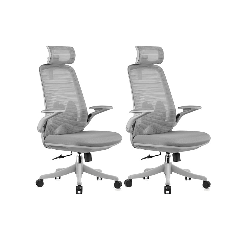 Flip-Up Armrest Chair Microfiber Desk High Back Chair Breathable Air Grid Lumbar Support Grey 2 Piece Set With Headrest Clearhalo 'furn' 'furn_office_chair' 'Furniture' 'Office Chairs' 'Office Furniture' 'office_chair' 6201291