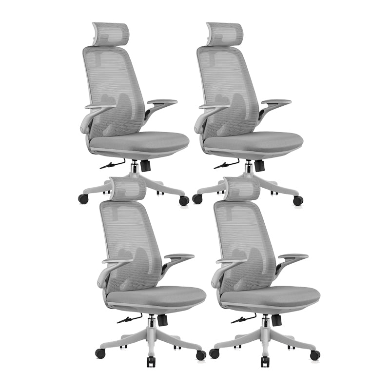 Flip-Up Armrest Chair Microfiber Desk High Back Chair Breathable Air Grid Lumbar Support Grey 4 Piece Set With Headrest Clearhalo 'furn' 'furn_office_chair' 'Furniture' 'Office Chairs' 'Office Furniture' 'office_chair' 6201293