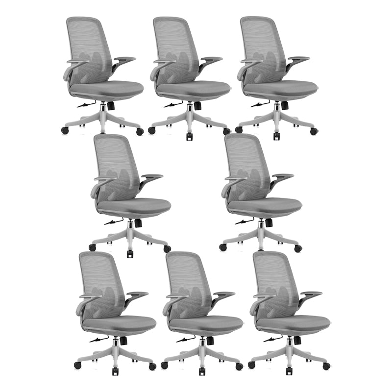 Flip-Up Armrest Chair Microfiber Desk High Back Chair Breathable Air Grid Lumbar Support Grey 8 Piece Set Without Headrest Clearhalo 'furn' 'furn_office_chair' 'Furniture' 'Office Chairs' 'Office Furniture' 'office_chair' 6201300
