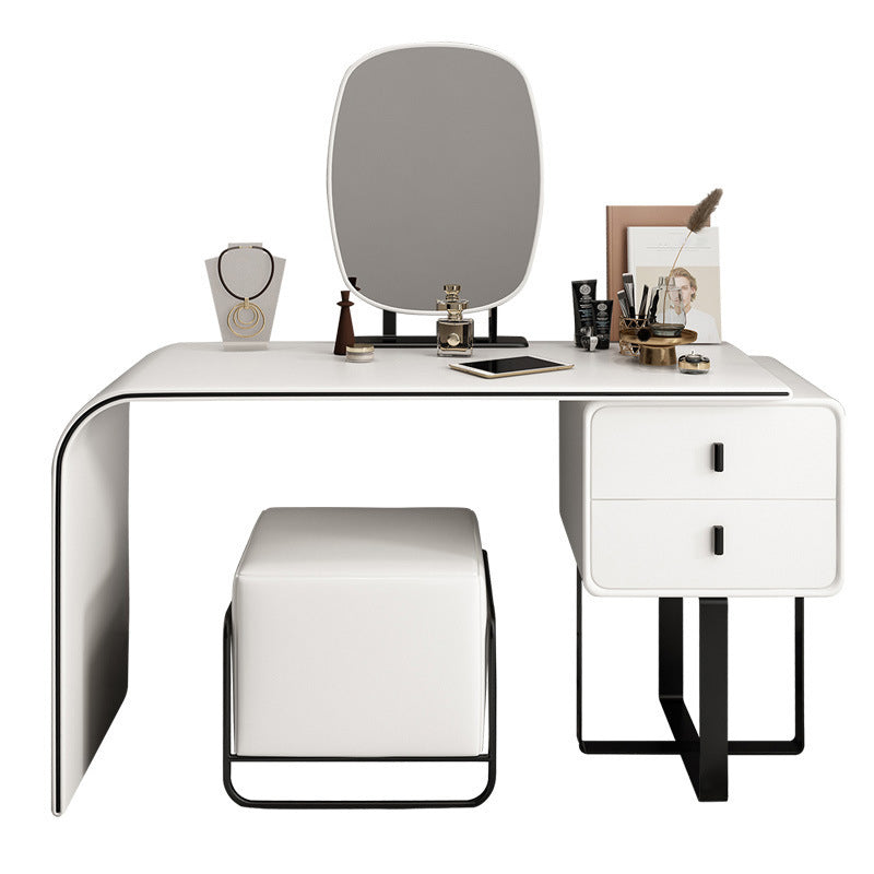 IJdelheid van 2 ladesset echte leer- en metalen make-upkapidafel met spiegel en ontlasting