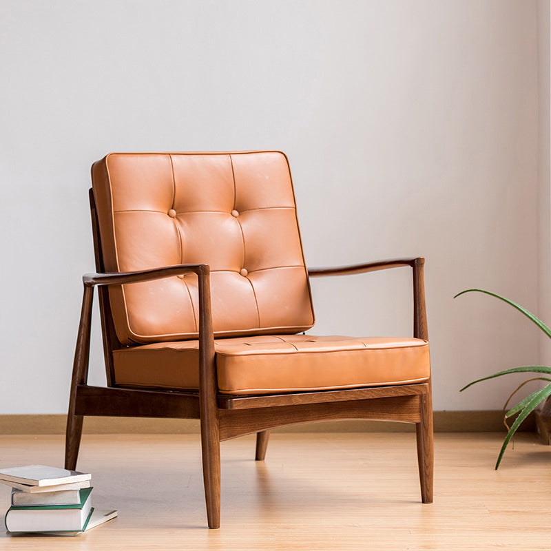 Tufted Cushions Chair Faux Leather Square Arm Chair with Brone 4 Legs Brown 1 Piece Brown Clearhalo 'Accent Chairs' 'accent_chairs' 'Chairs & Seating' 'furn' 'furn_accent_chairs' 'Furniture' 'Living Room Furniture' 6202134